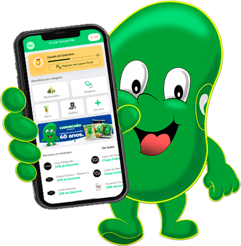 Mascote com o aplicativo Clube Carunchão